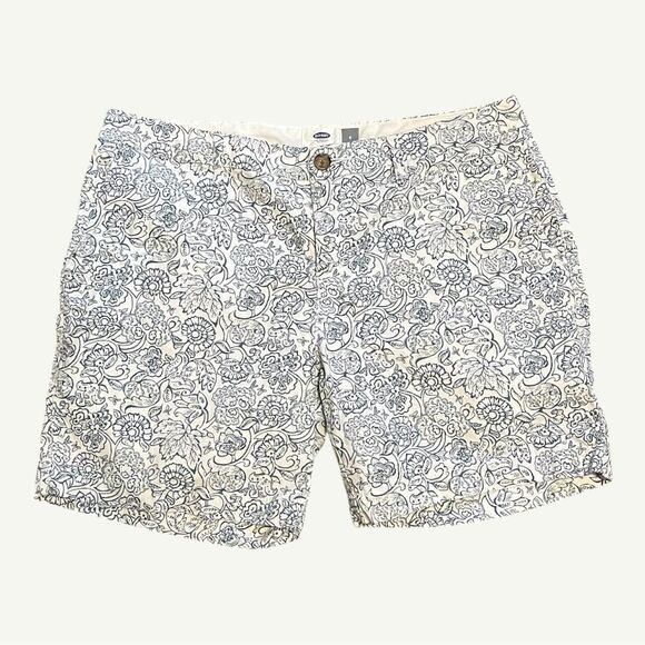 Old Navy Floral White and Blue Flat Front Cotton Shorts 6” Inseam 8 - Picture 1 of 10